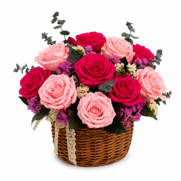 Canasta Encanto Eterno — 12 Rosas Preservadas Premium